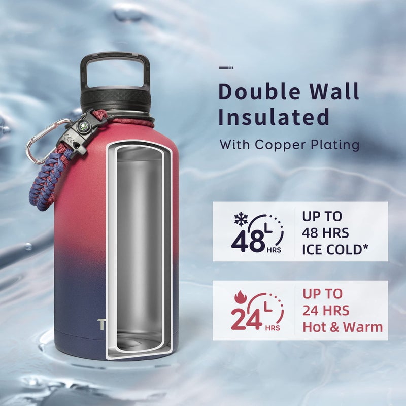 Trebo Half Gallon Water Bottle with Paracord Handle 64oz Wide Mouth Insulated Double Wall Stainless Steel Large Sports Flask Keep Hot 24 Hours & Cold 48 Hours Water Jug with 3 Lids Ombre: Ruby Red - Image 2