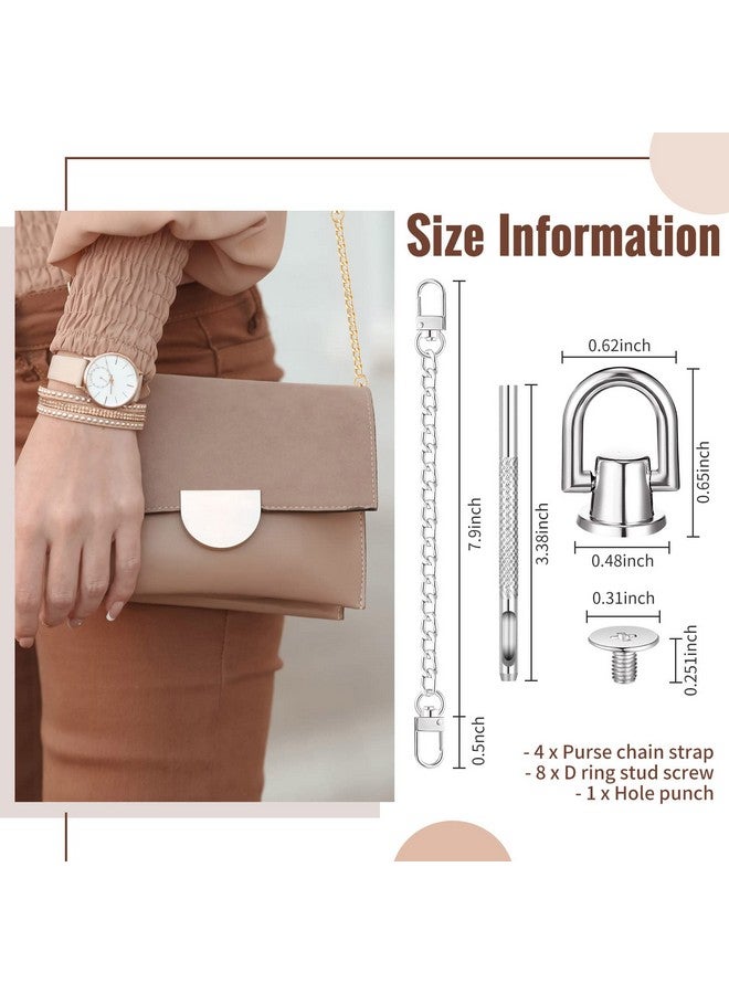 Luinabio 4 Pcs Purse Chain Strap Extender 7.9 Inch Purse Chain And 8 Pcs Studs Rivets D Ring, Flat Purse Strap Extender With Post Head Buttons Bag Making Supplies With Hole Punch For Diy Wallet, Gold, Silver - Image 2
