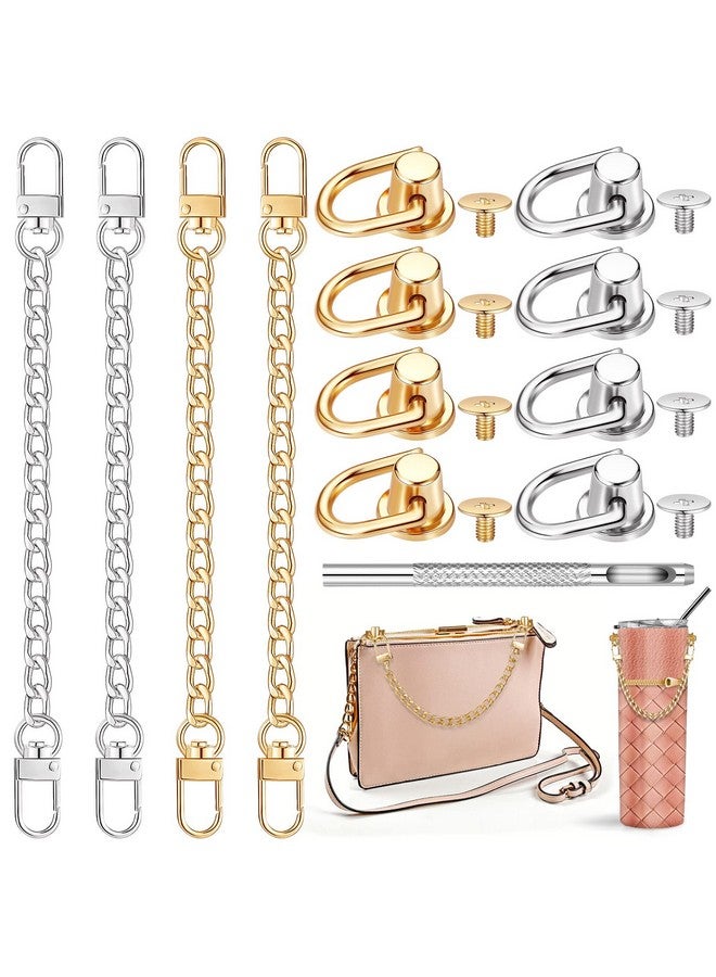 Luinabio 4 Pcs Purse Chain Strap Extender 7.9 Inch Purse Chain And 8 Pcs Studs Rivets D Ring, Flat Purse Strap Extender With Post Head Buttons Bag Making Supplies With Hole Punch For Diy Wallet, Gold, Silver - Image 1