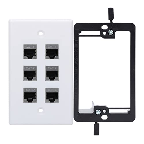 YOEMELY Cat7 Keystone Wall Plate 6 Port, 1 Gang RJ45 Wall Plate with Metal Coupler Female to Female and Single Gang Drywall Bracket for Ethernet Cables (White, 1 Pack) - Image 1