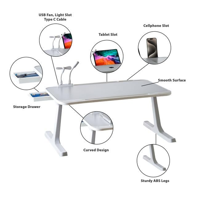 Tarkan USB Laptop Table for Bed, Foldable Study Desk for Kids, with Drawer, LED Light, Fan, Type C Cable, Work from Home Stand (Grey) - Image 3
