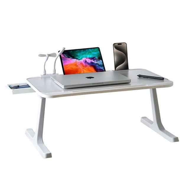 Tarkan USB Laptop Table for Bed, Foldable Study Desk for Kids, with Drawer, LED Light, Fan, Type C Cable, Work from Home Stand (Grey) - Image 1