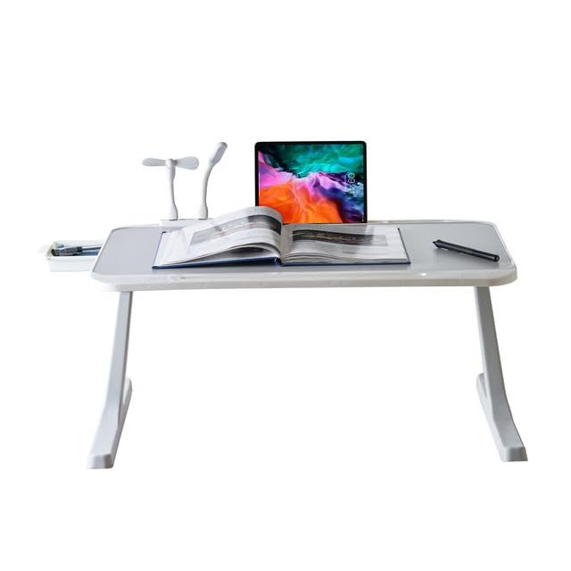 Tarkan USB Laptop Table for Bed, Foldable Study Desk for Kids, with Drawer, LED Light, Fan, Type C Cable, Work from Home Stand (Grey) - Image 2