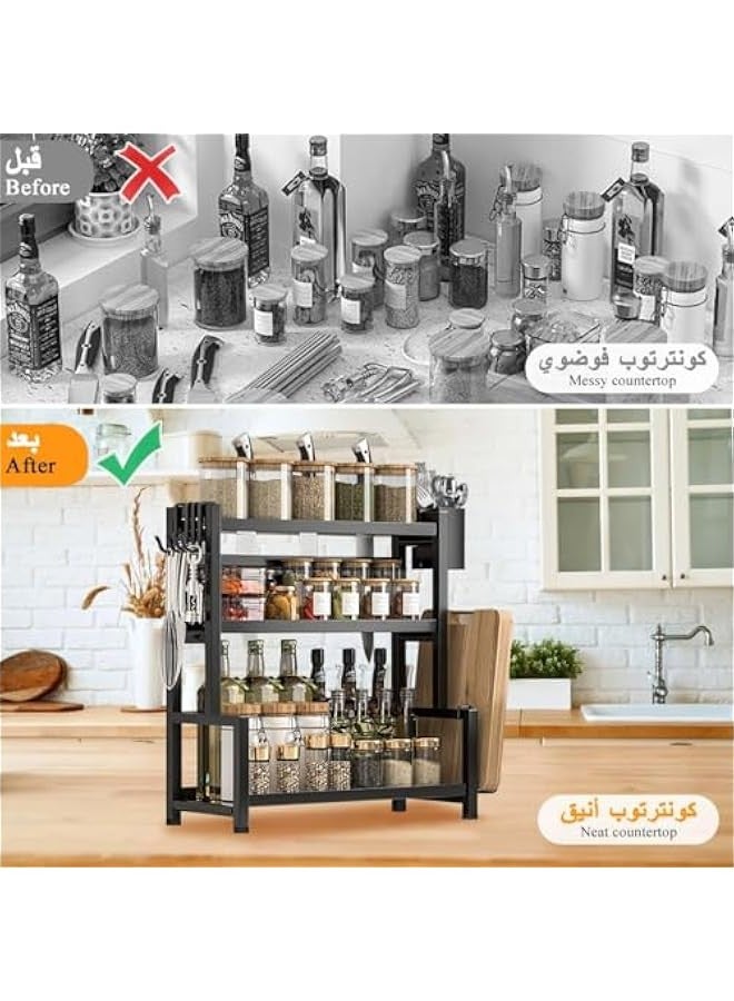 TRASSLE Multi-Functional 3-Tier Spice Rack Shelf Kitchen Organizer, Large Metal Storage Countertop Shelf with Hooks, Cutting Board, Utensil Organizer, Counter Shelf, Cubinet, Dining, Bathroom  - Image 3