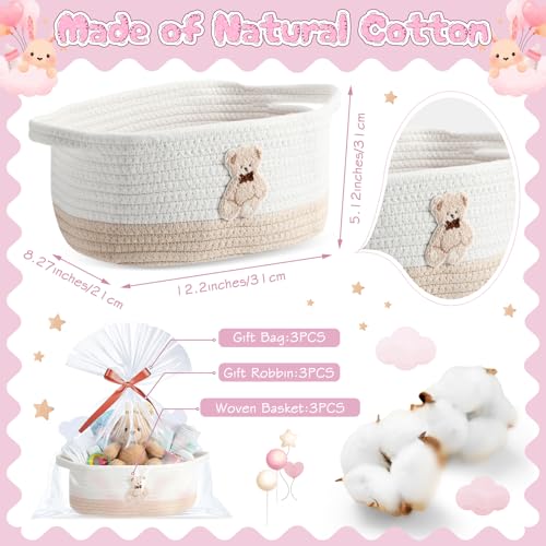Kathfly 3 Pcs Small Bear Basket Cotton Rope Baby Gift Basket with Gift Bag and Ribbons Bear Storage for Nursery 12x 8x 5 Woven Empty Organizer with Handle for Baby Shower Wedding Birthday - Image 3