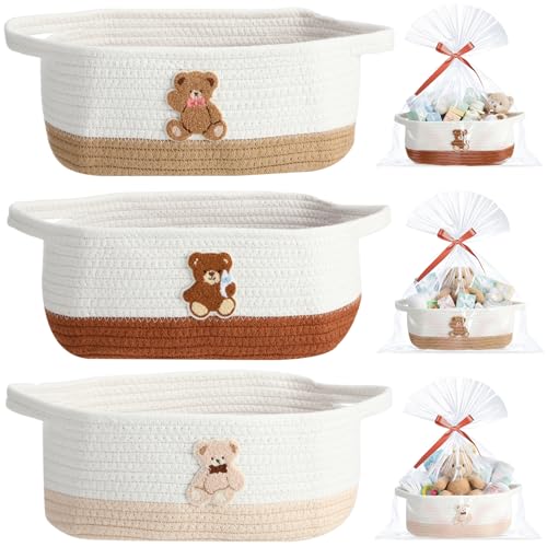 Kathfly 3 Pcs Small Bear Basket Cotton Rope Baby Gift Basket with Gift Bag and Ribbons Bear Storage for Nursery 12x 8x 5 Woven Empty Organizer with Handle for Baby Shower Wedding Birthday - Image 1