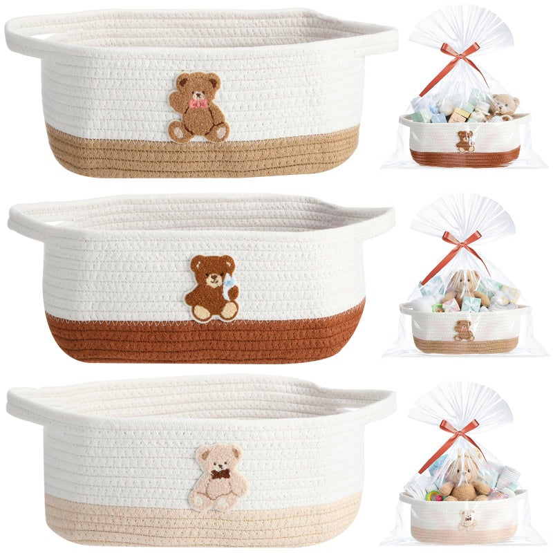 Kathfly 3 Pcs Small Bear Basket Cotton Rope Baby Gift Basket with Gift Bag and Ribbons Bear Storage for Nursery 12x 8x 5 Woven Empty Organizer with Handle for Baby Shower Wedding Birthday - Image 2