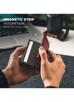 VULKIT Credit Card Holder with Banknote Compartment RFID Blocking Pop up Leather Card Wallet with ID Window for Men or Women(Wine)  - Image 4