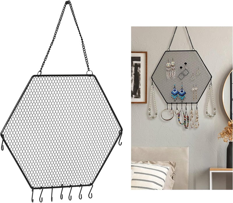 klarakoMetal Jewellery Stand Wall Mounted Jewelry Display Hanging Earring Holder Mesh Jewelry Organizer with Hooks for Necklaces Bracelets Earrings Rings klarakoBlack - Image 4