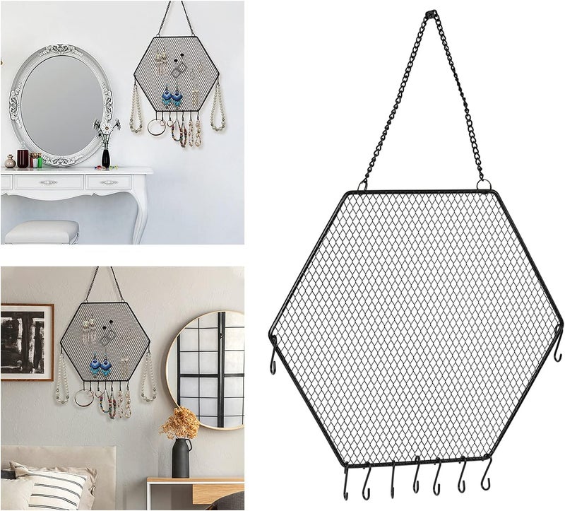 klarakoMetal Jewellery Stand Wall Mounted Jewelry Display Hanging Earring Holder Mesh Jewelry Organizer with Hooks for Necklaces Bracelets Earrings Rings klarakoBlack - Image 5