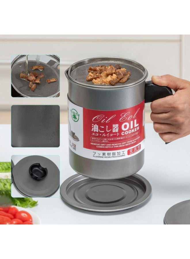 وعاء مصفاة زيت المطبخ مع فلتر، موزع زيت من الفولاذ المقاوم للصدأ سعة 1.4 لتر، حاوية تخزين مع مصفاة شبكية دقيقة، مثالي لزيت القلي وشحوم الطهي - Image 2