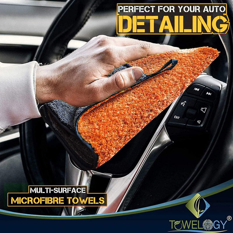 Towelogy مناشف تنظيف السيارات المصنوعة من الألياف الدقيقة Towelogy® بوزن 800 جرام لكل متر مربع، عالية الكثافة، خالية من المواد الكيميائية، للغسيل والتجفيف والتلميع، مزدوجة الجوانب فائقة الامتصاص، مناشف كبيرة للعناية التفصيلية بالسيارات مقاس 40×40 سم (عبوة من 2، برتقالي/رمادي) - Image 4