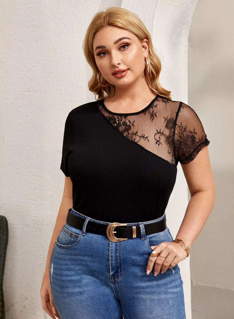 Plus Contrast Lace Solid Tee  - Image 1