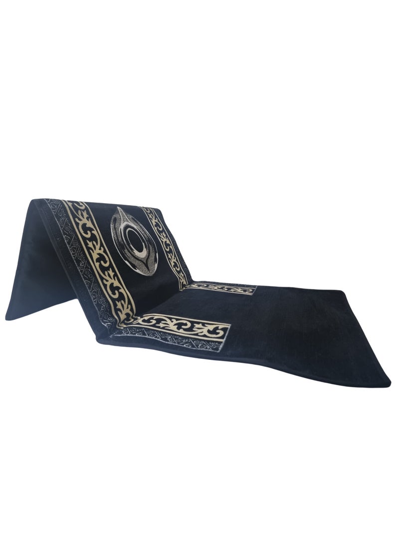 Smart - Luxury Prayer Rug with Wooden Backrest 150cm x 70cm Embroidered Chenille Velvet and Compressed Foam Padded (Black Stone) - Image 1