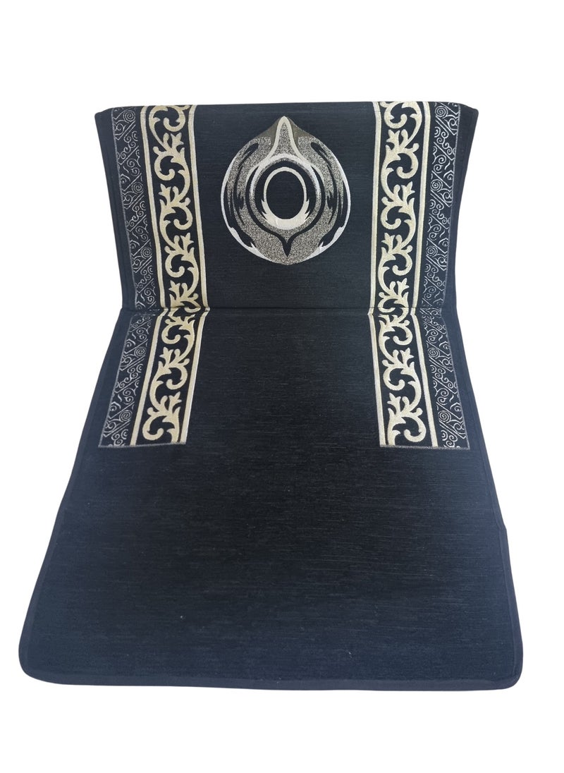 Smart - Luxury Prayer Rug with Wooden Backrest 150cm x 70cm Embroidered Chenille Velvet and Compressed Foam Padded (Black Stone) - Image 1