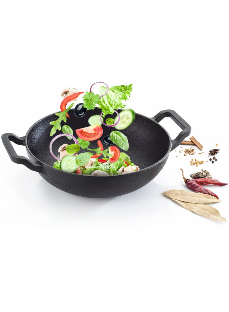 Decent Cast Iron Large Kadai/Pan for Deep Frying & Cooking-Heavy Duty Iron Wok Pan Pre-Seasoned Kadhai/Wok,Frying Pan,Cast Iron Cookware for Gas & Induction |(30 CM) - Image 3