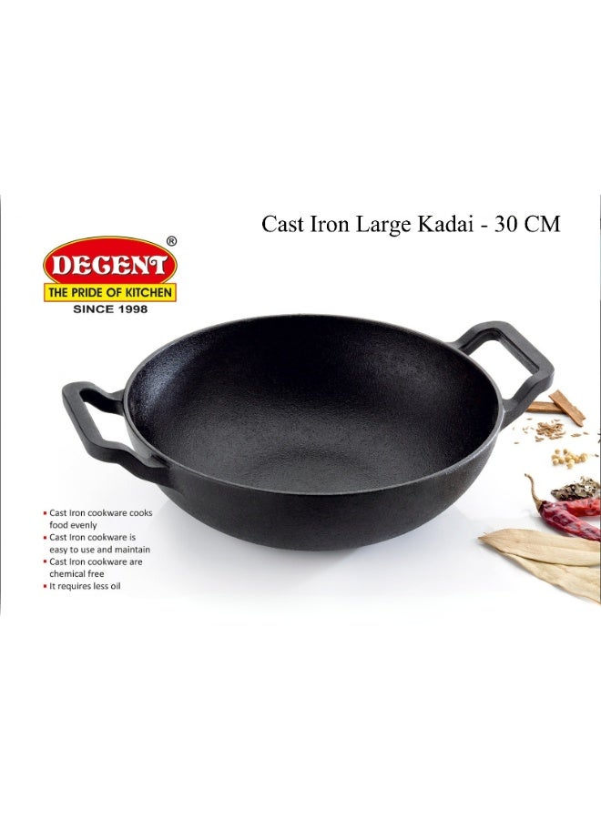 Decent Cast Iron Large Kadai/Pan for Deep Frying & Cooking-Heavy Duty Iron Wok Pan Pre-Seasoned Kadhai/Wok,Frying Pan,Cast Iron Cookware for Gas & Induction |(30 CM) - Image 4