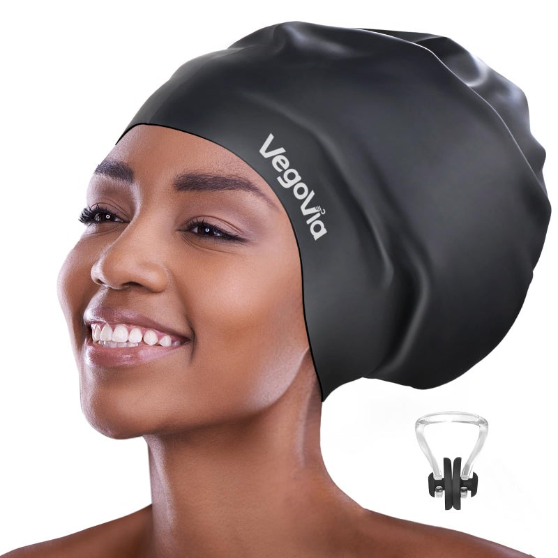 VegoVia Extra Large Swim Cap for Braids and Dreadlocks, Women Swimming Cap Waterproof for Black Women Adult Men Locs Long Hair Keep Hair Dry, Cover Ear Silicone Swim Hat for Bathing Pool - Image 1