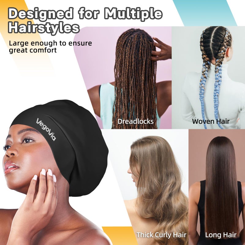 VegoVia Extra Large Swim Cap for Braids and Dreadlocks, Women Swimming Cap Waterproof for Black Women Adult Men Locs Long Hair Keep Hair Dry, Cover Ear Silicone Swim Hat for Bathing Pool - Image 3