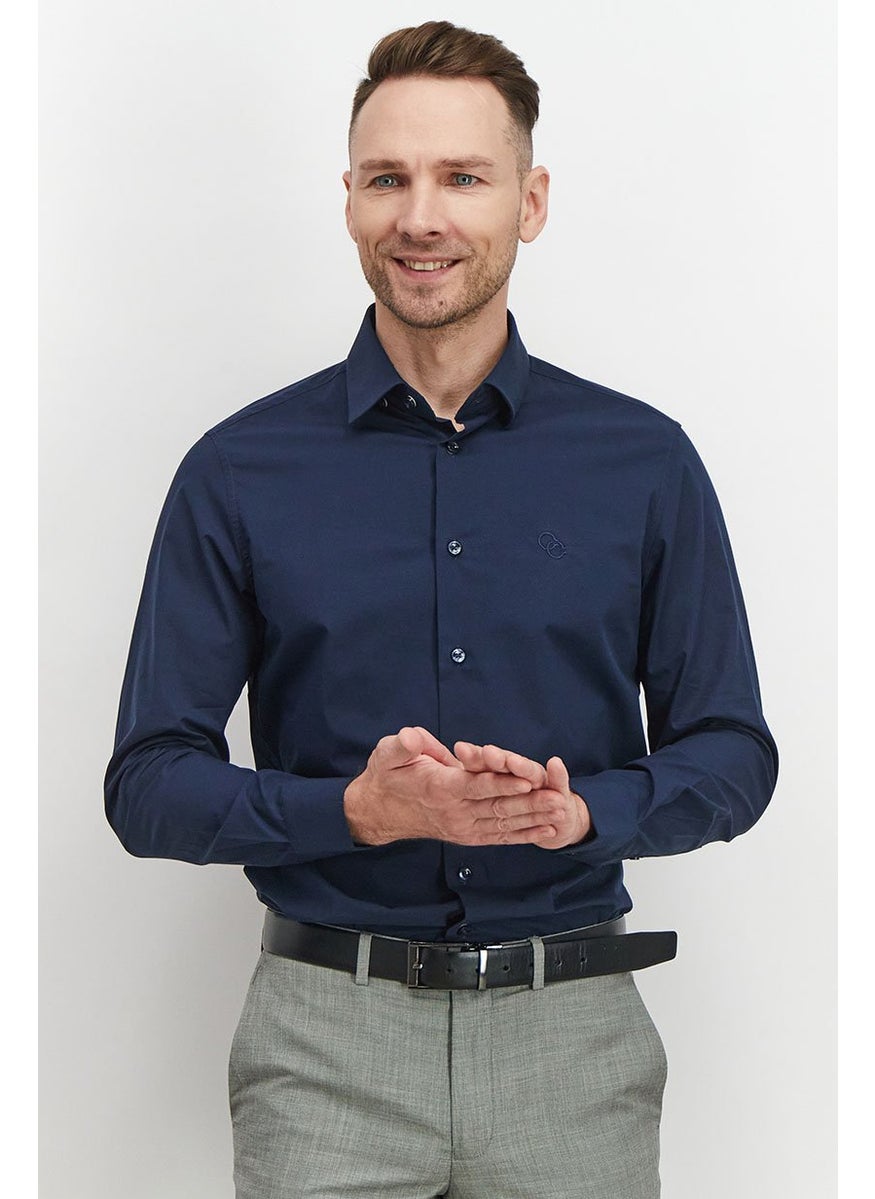 Cavalli Class Men Slim Fit Embroidered Logo Long Sleeve Dress Shirt, Navy Blue  - Image 1