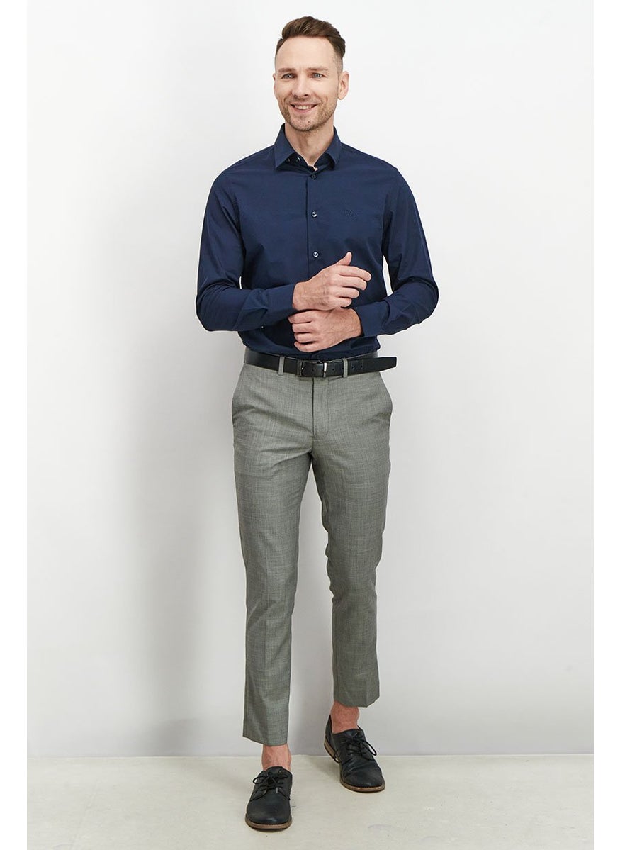 Cavalli Class Men Slim Fit Embroidered Logo Long Sleeve Dress Shirt, Navy Blue  - Image 4