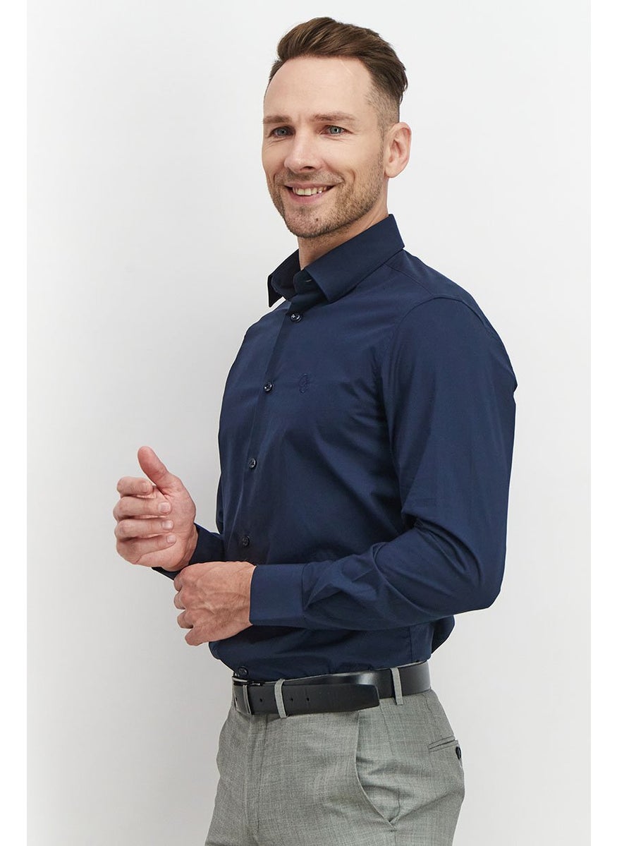 Cavalli Class Men Slim Fit Embroidered Logo Long Sleeve Dress Shirt, Navy Blue  - Image 3