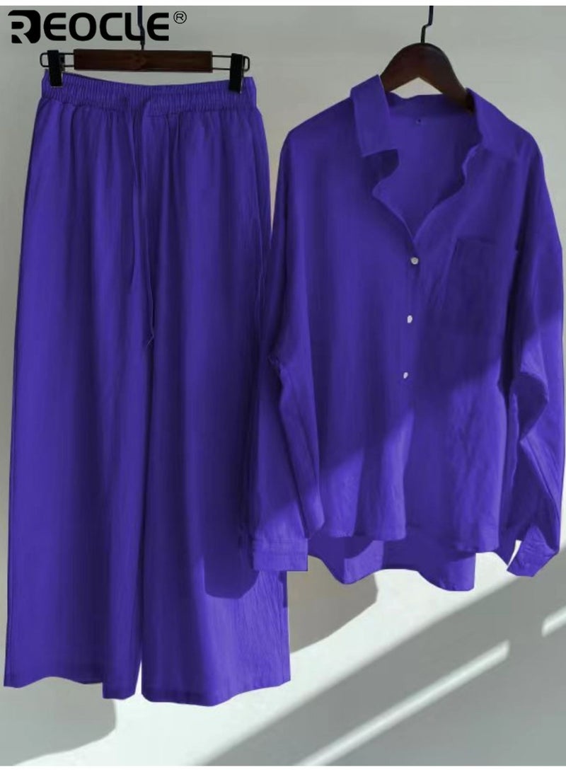 REOCLE Women's 2 PCS Cotton Linen Set Comfortable and Breathable Retro Outfits Button Down Long Sleeve Shirt and High Waist Wide Leg Pants Set - Image 1