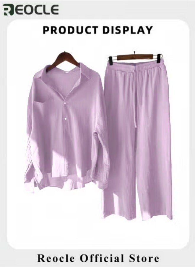 REOCLE Women's 2 PCS Cotton Linen Set Comfortable and Breathable Retro Outfits Button Down Long Sleeve Shirt and High Waist Wide Leg Pants Set - Image 4