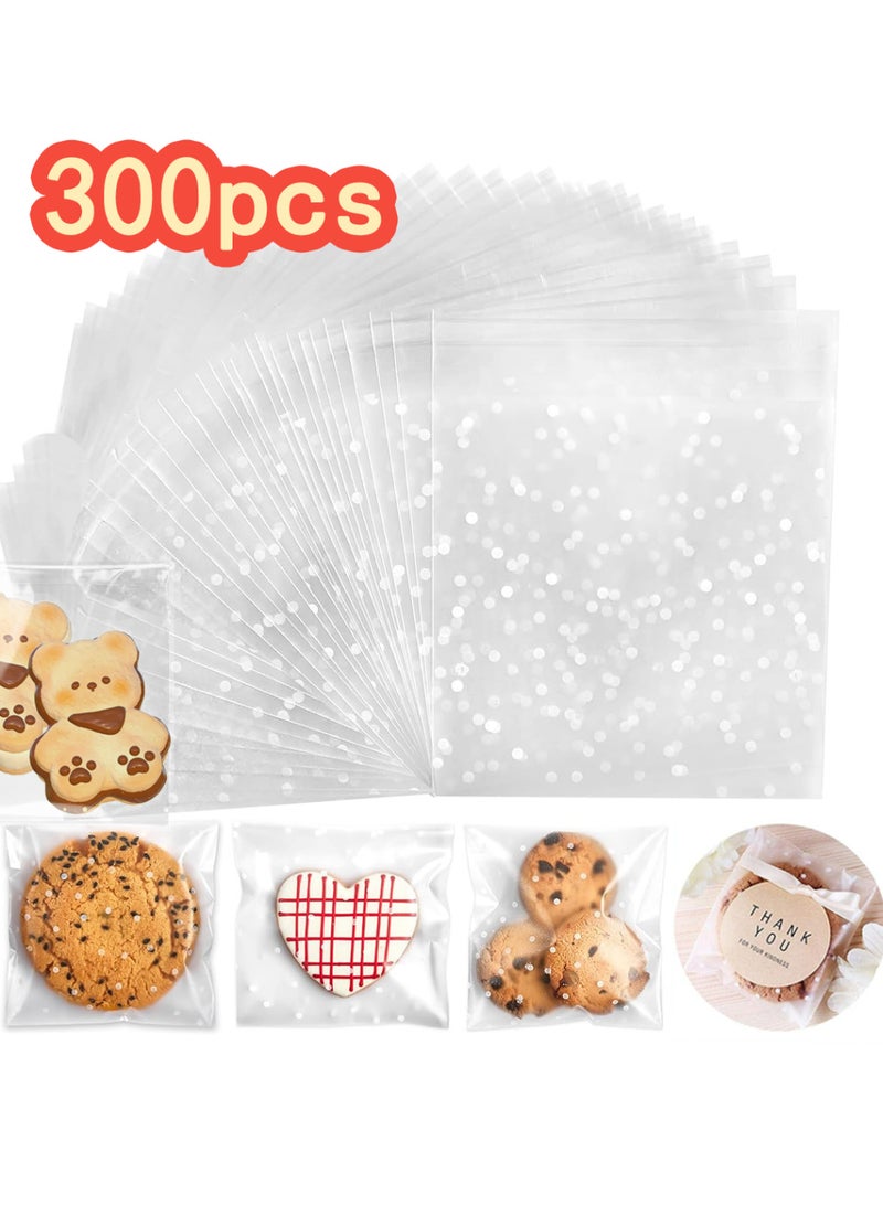 Bincoo 300-Pack Self-Adhesive Clear Plastic Cellophane Cookie Bags for Gift Giving, Candy and Bakery Pastry Packaging White Polka Dot, 4x4 IN - Image 1