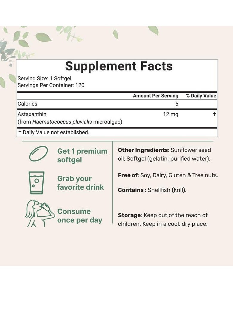 مايكرو إنجريدينتس Astaxanthin 12mg,120 Softgels  مكمل مضاد للأكسدة الطبيعي للعين والمفاصل وصحة الجلد ، مصدر الطحالب الدقيقة  إمدادات 4 أشهر  يدعم الدورة الدموية الداخلية والتسمير الطبيعي ، غير الكائنات المعدلة وراثياً - Image 4