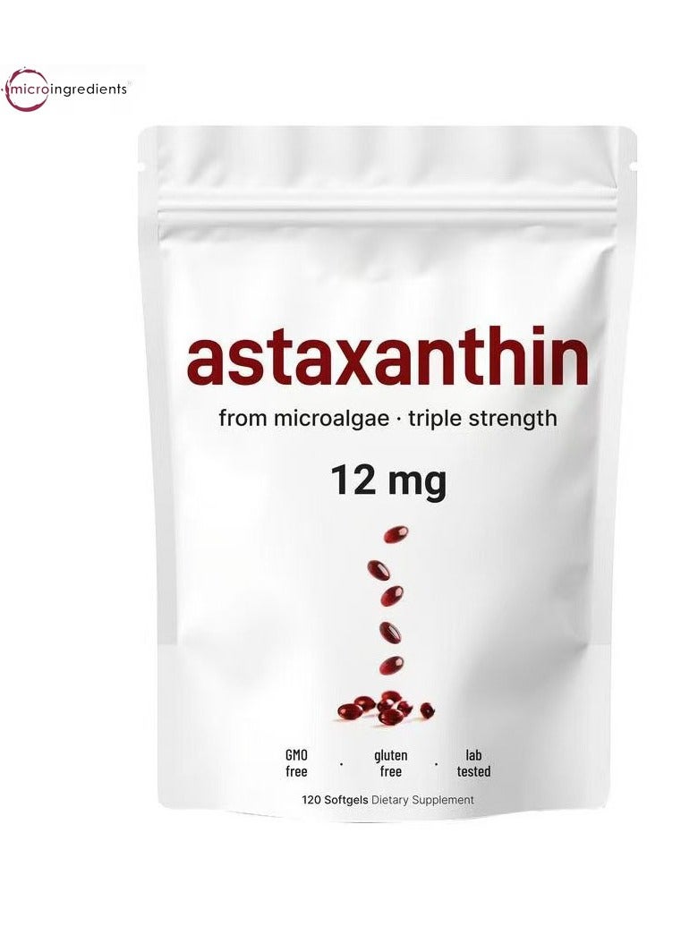 مايكرو إنجريدينتس Astaxanthin 12mg,120 Softgels  مكمل مضاد للأكسدة الطبيعي للعين والمفاصل وصحة الجلد ، مصدر الطحالب الدقيقة  إمدادات 4 أشهر  يدعم الدورة الدموية الداخلية والتسمير الطبيعي ، غير الكائنات المعدلة وراثياً - Image 1