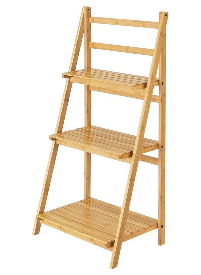 DubaiGallery رف سلم ثلاثي الطبقات لتخزين الحمام والمطبخ حديث سعة تحميل 10 كجم لكل طبقة من الخيزران 109 × 51 × 35 سم طبيعي - Image 1