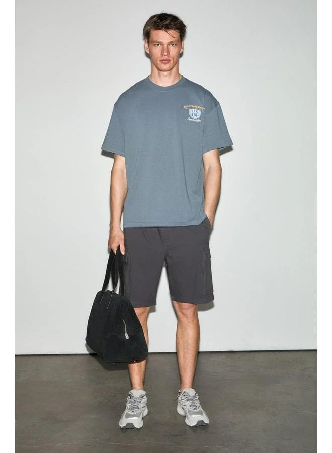 Grimelange XAVIEL Men's 100% Organic Cotton Printed Detailed Regular Fit Crew Neck Smoked T-Shirt.