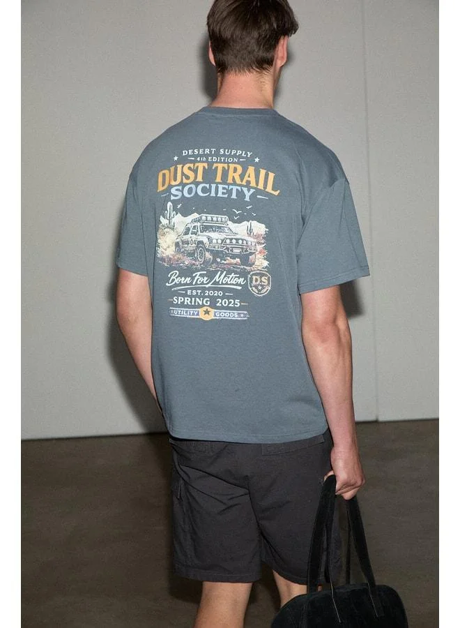 Grimelange XAVIEL Men's 100% Organic Cotton Printed Detailed Regular Fit Crew Neck Smoked T-Shirt.