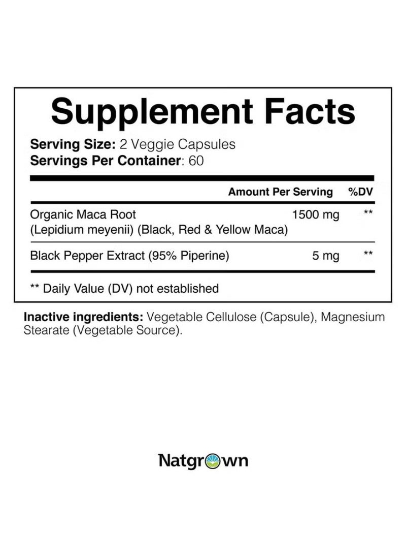 Natgrown Organic Black Red And Yellow Peruvian Maca Root Extract 1500Mg 120 Capsules  - Image 2