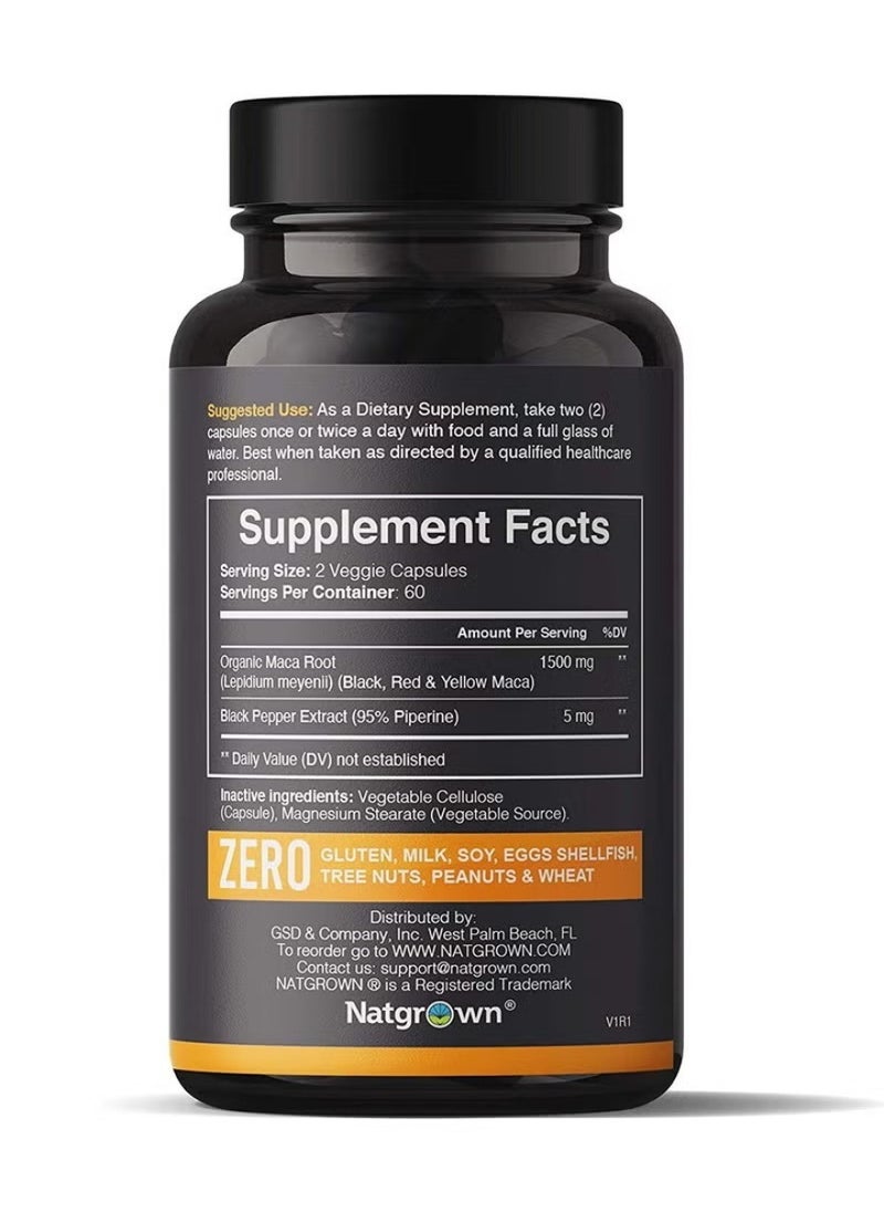 Natgrown - Organic Black Red And Yellow Peruvian Maca Root Extract 1500Mg 120 Capsules - Image 1