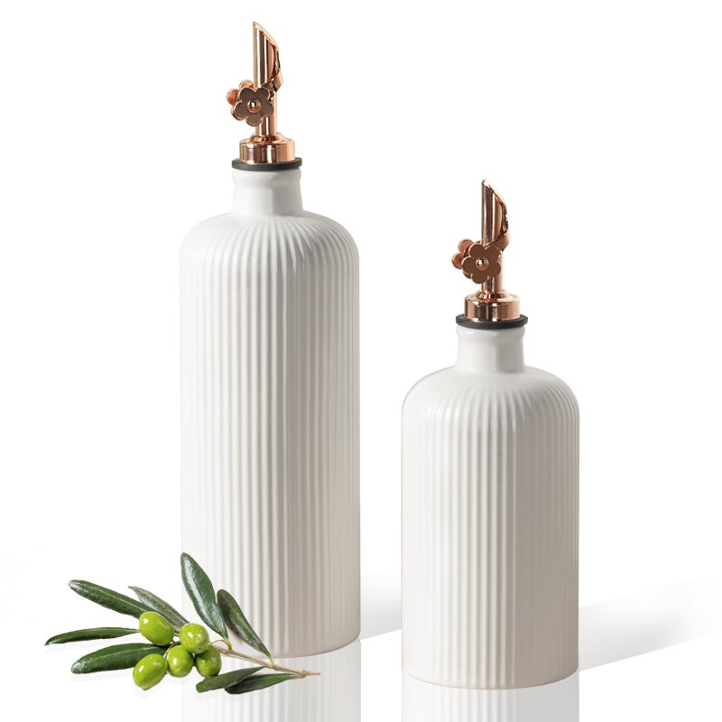 Dizada Olive Oil Dispenser Bottle Set of 2 (22 Oz + 14 Oz) - Porcelain Oil and Vinegar Bottles with Stainless Steel Spout, Ceramic Kitchen Cruet, Dishwasher Safe - Image 1
