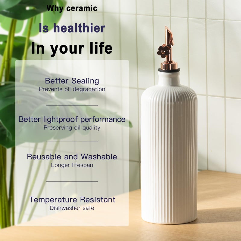 Dizada Olive Oil Dispenser Bottle Set of 2 (22 Oz + 14 Oz) - Porcelain Oil and Vinegar Bottles with Stainless Steel Spout, Ceramic Kitchen Cruet, Dishwasher Safe - Image 4