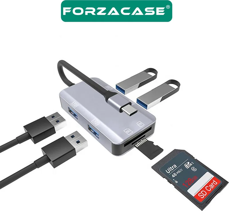 Forzacase 6in1 USB 3.1 Type-C 4 Port USB Hub OTG SD Card Reader Mac iPhone 15 16 Compatible FC833