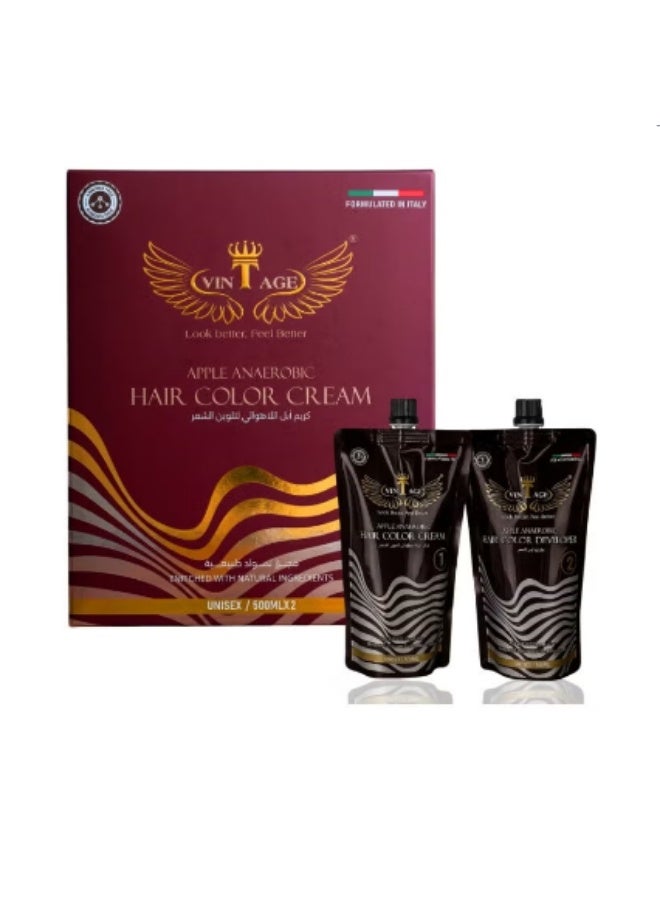 Vintage Apple Anaerobic Hair Color Cream with Developer Kit – 100% Gray Coverage, Ammonia Free, Enriched with Natural Ingredients & Argan Oil, Long Lasting Unisex Hair Dye – Brownish Black 500ML x2 - Image 1