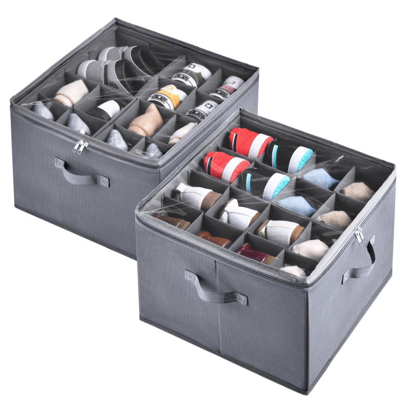 INSTY 2 Pack Shoe Organizer for ClosetFits up to 32 PairsAdjustable Dividers for Shoe StorageFabric Shoe Storage Bins with Clear CoverGrey