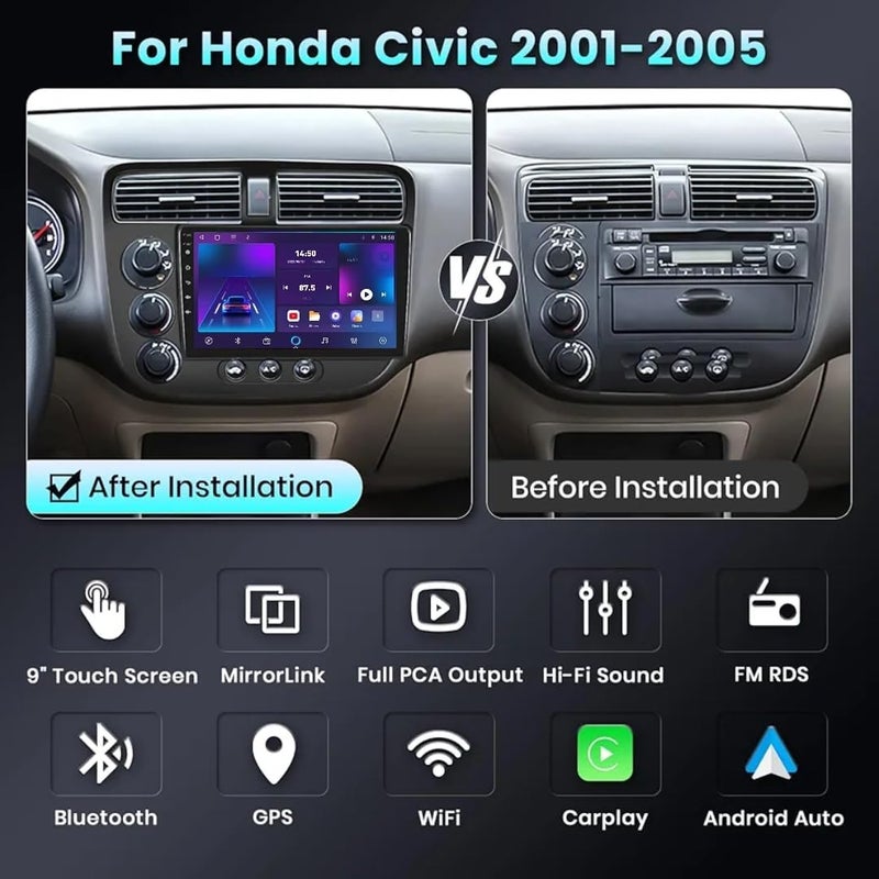 Vierex Android Car Stereo for Honda Civic 2001–2005, 9-Inch Touch Screen, Wireless Apple CarPlay & Android Auto, GPS Navigation, Bluetooth, WiFi, AHD Camera, Fast Interface (2+32GB, 4-Core) - Image 2