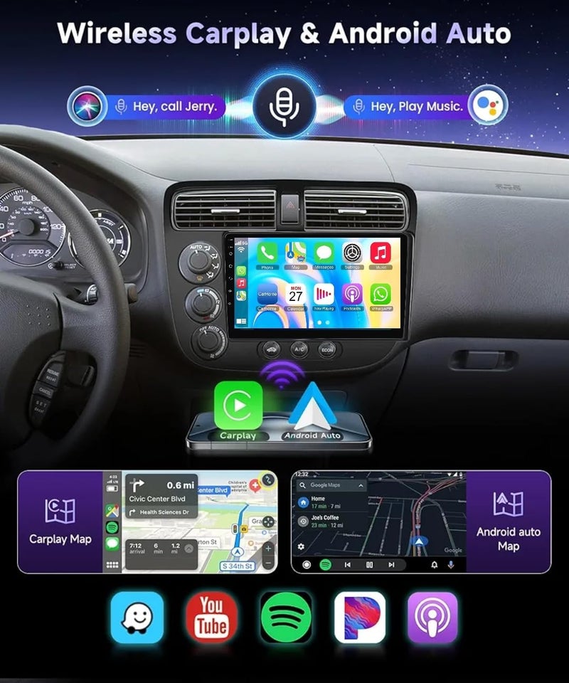 Vierex Android Car Stereo for Honda Civic 2001–2005, 9-Inch Touch Screen, Wireless Apple CarPlay & Android Auto, GPS Navigation, Bluetooth, WiFi, AHD Camera, Fast Interface (2+32GB, 4-Core) - Image 3