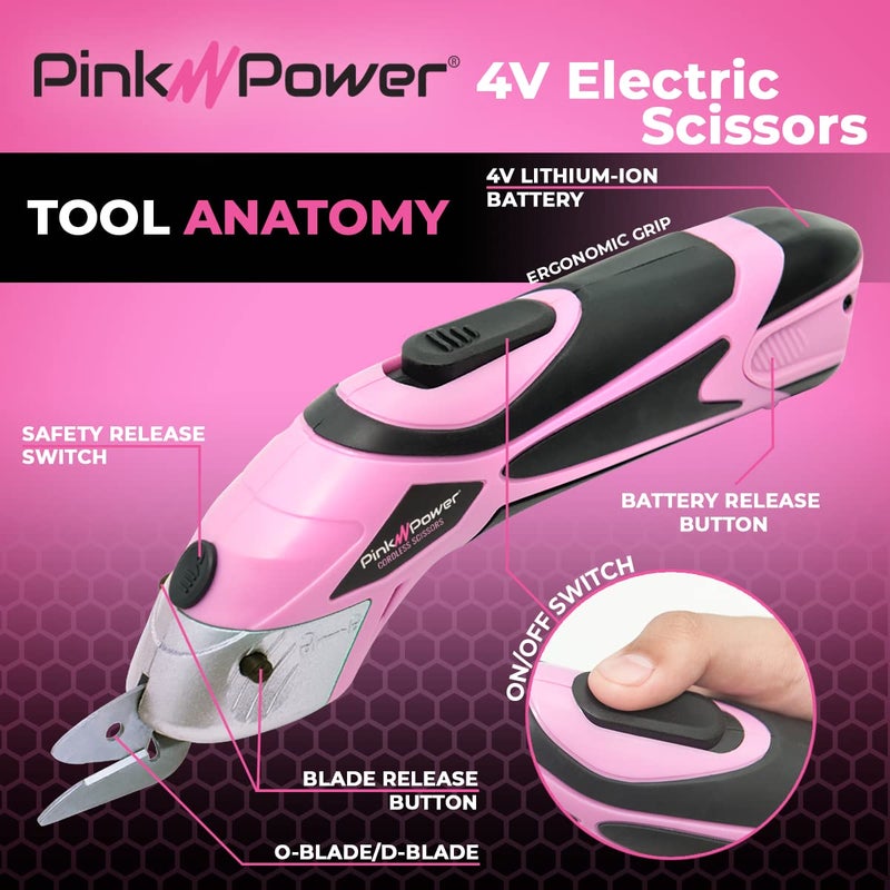 Pink Power Cordless Electric Scissors Fabric Cutter for Crafts, Box, Sewing, Carpet, & Scrapbooking - Heavy Duty Professional Rotary Shears Cutting Tool - Automatic Cardboard Cutter Fabric Scissor - Image 2
