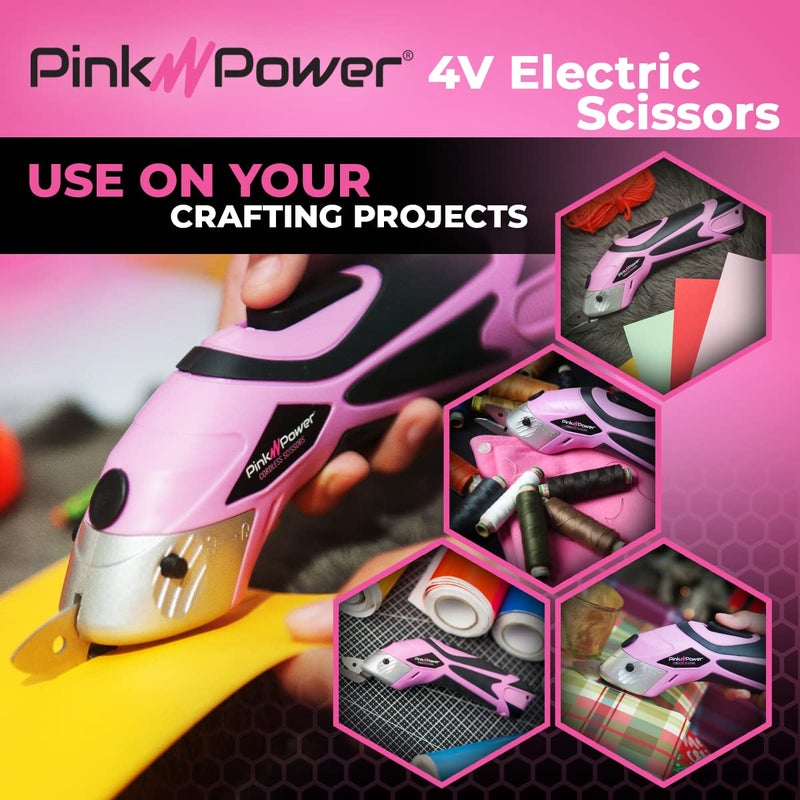 Pink Power Cordless Electric Scissors Fabric Cutter for Crafts, Box, Sewing, Carpet, & Scrapbooking - Heavy Duty Professional Rotary Shears Cutting Tool - Automatic Cardboard Cutter Fabric Scissor - Image 4