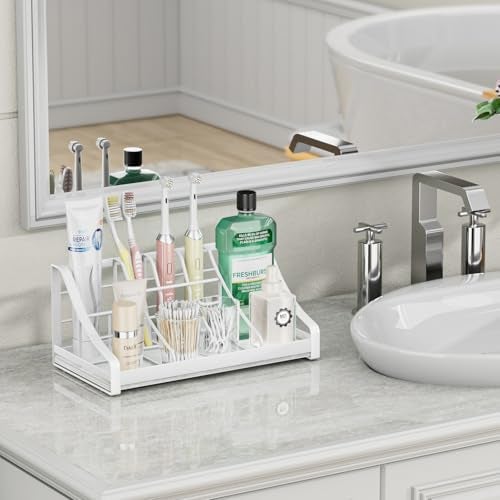 OVICAR Toothbrush Holder Instant-Dry Organizer - Bathroom Countertop Organizer Kids Electric Toothbrush Toothpaste Holders - 7 Slots Bathroom Sink Accessories Storage Tooth Brush Counter Organization, White - Image 3