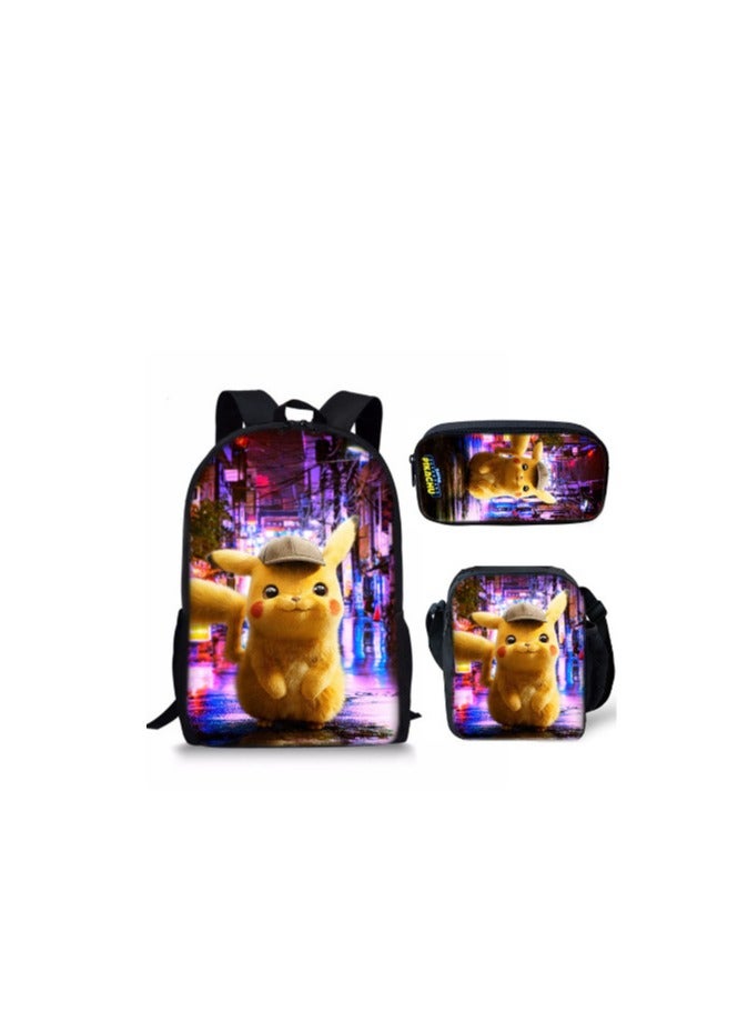 Pikachu Cartoon Primary And Secondary School Students Three-piece Schoolbag Large Capacity Three-piece Set - Image 1