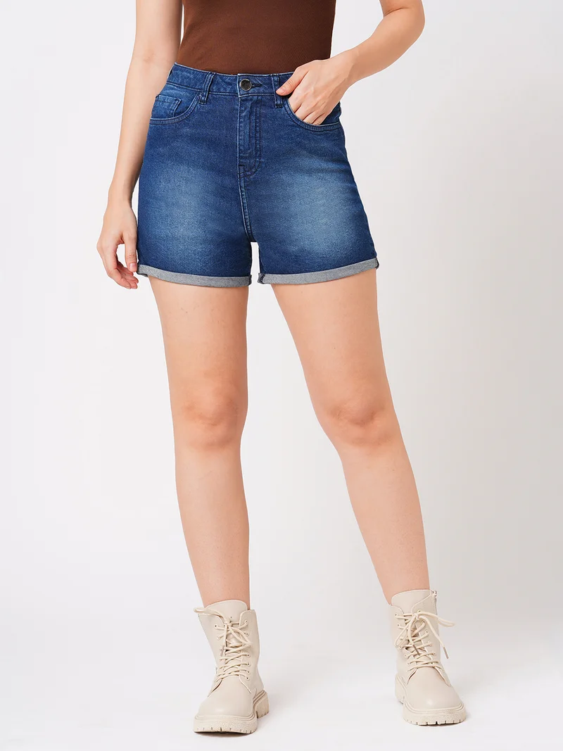 globus Women Washed Slim Fit Mid-Rise Denim Shorts