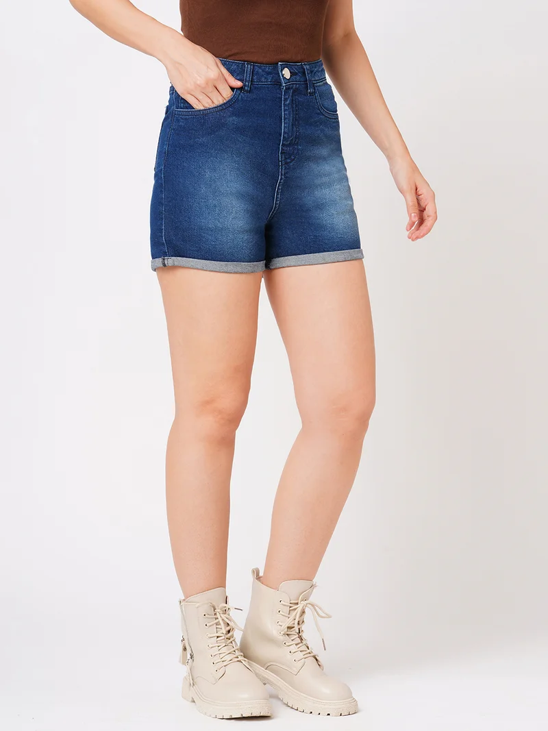 globus Women Washed Slim Fit Mid-Rise Denim Shorts