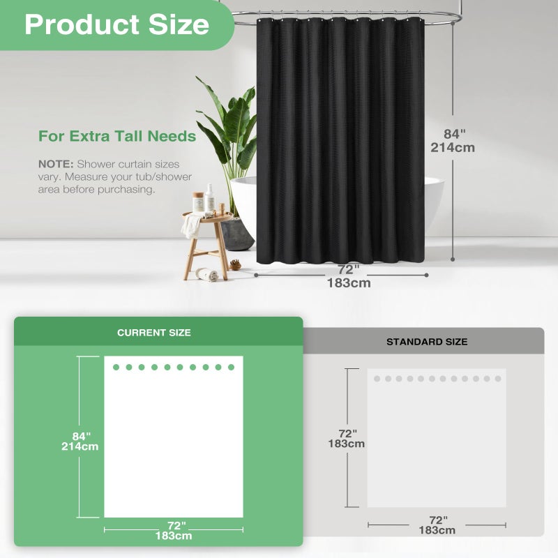 Dynamene Extra Long Fabric Shower Curtain - Waffle Weave 84 Inches Long Heavy Duty Cloth Shower Curtains for Bathroom, 256GSM Large Hotel Luxury Bath Curtain Set with 12 Plastic Hook, 72Wx84H, Black - Image 3